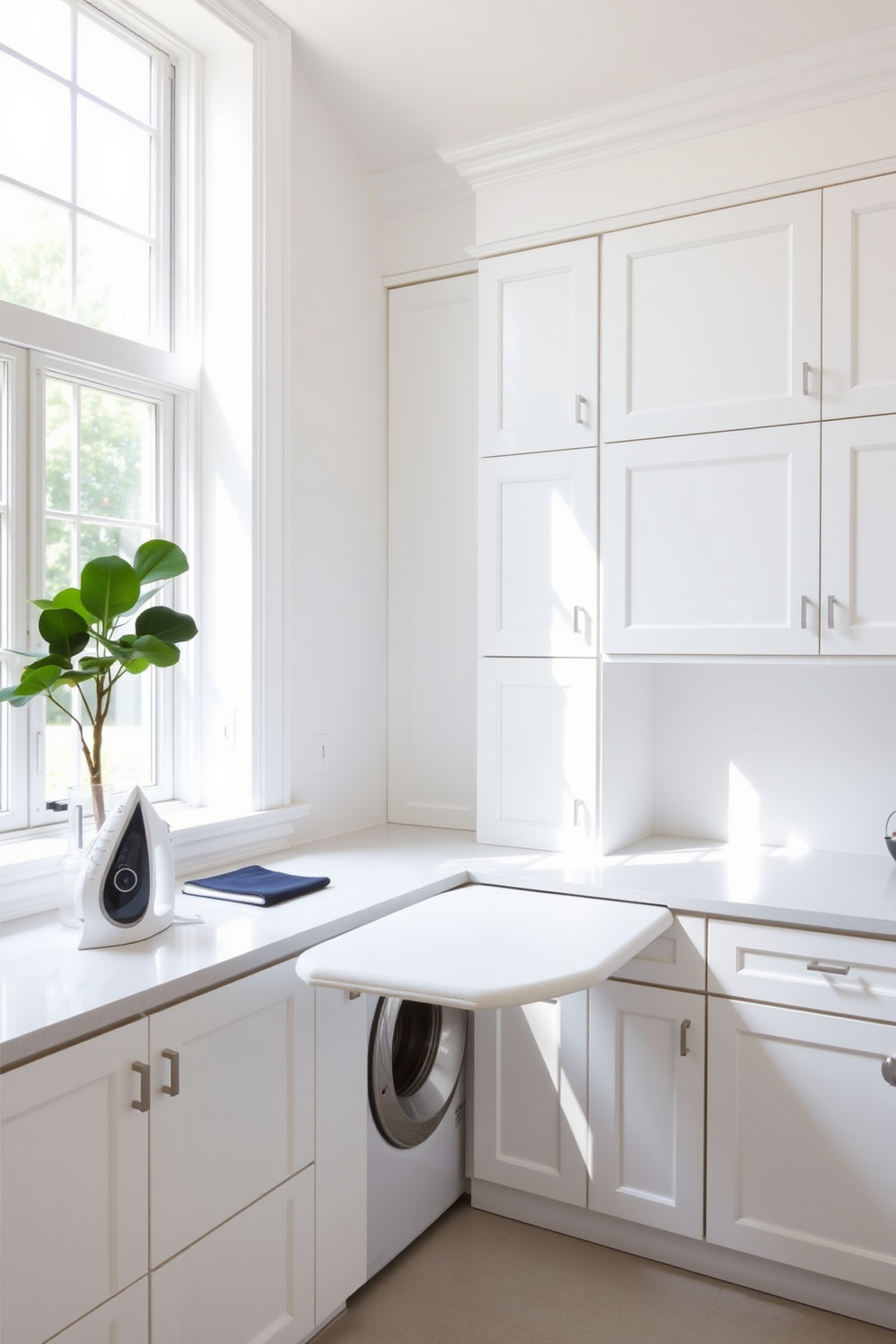 A bright and airy laundry room features a built-in ironing board seamlessly integrated into a stylish cabinetry system. The space is adorned with white cabinetry and a sleek countertop, providing ample storage and workspace for laundry tasks. Natural light streams in through a large window, illuminating the room and highlighting the soft white walls. A decorative plant sits on the countertop, adding a touch of freshness to the efficient design.