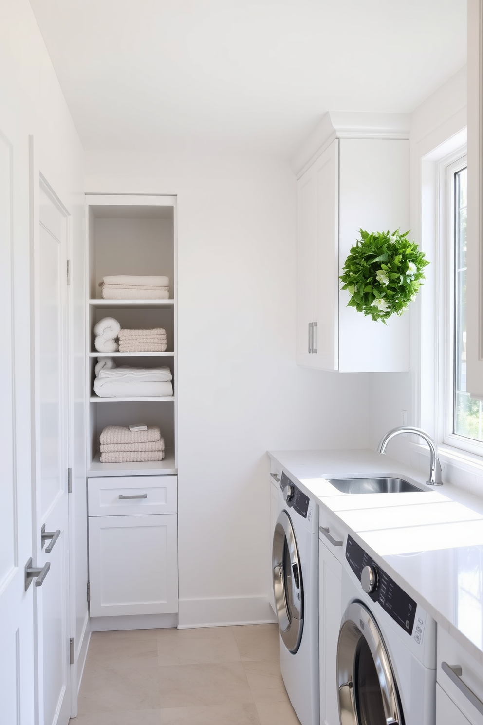 A bright and airy laundry room featuring a linen closet seamlessly integrated into the design. The walls are painted in a soft white hue, and the cabinetry is a sleek, modern style with matte finishes. The linen closet has open shelving for easy access to towels and linens, while the laundry area includes a spacious countertop for folding clothes. Natural light floods the space through a large window, enhancing the clean and organized atmosphere.