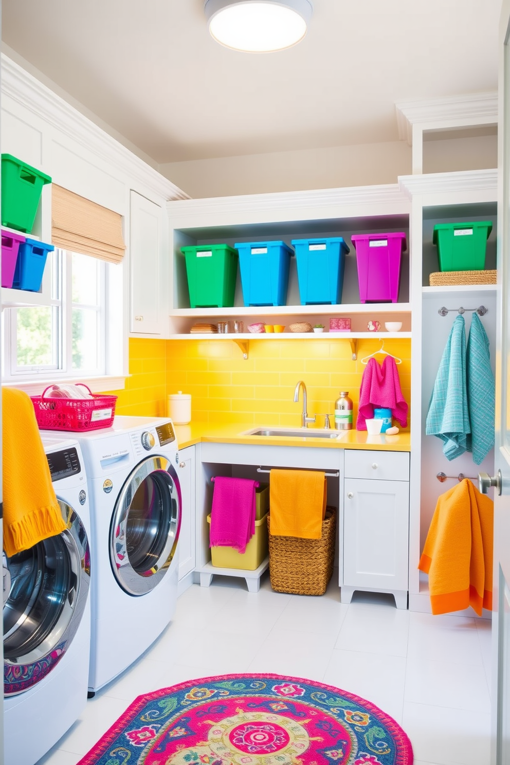 A bright and cheerful laundry room filled with vibrant accent colors. The walls are painted in a crisp white, creating a fresh backdrop for colorful storage bins and accessories. A spacious countertop is topped with a cheerful yellow backsplash, adding a pop of color. Brightly colored towels and a stylish rug enhance the lively atmosphere of the space.