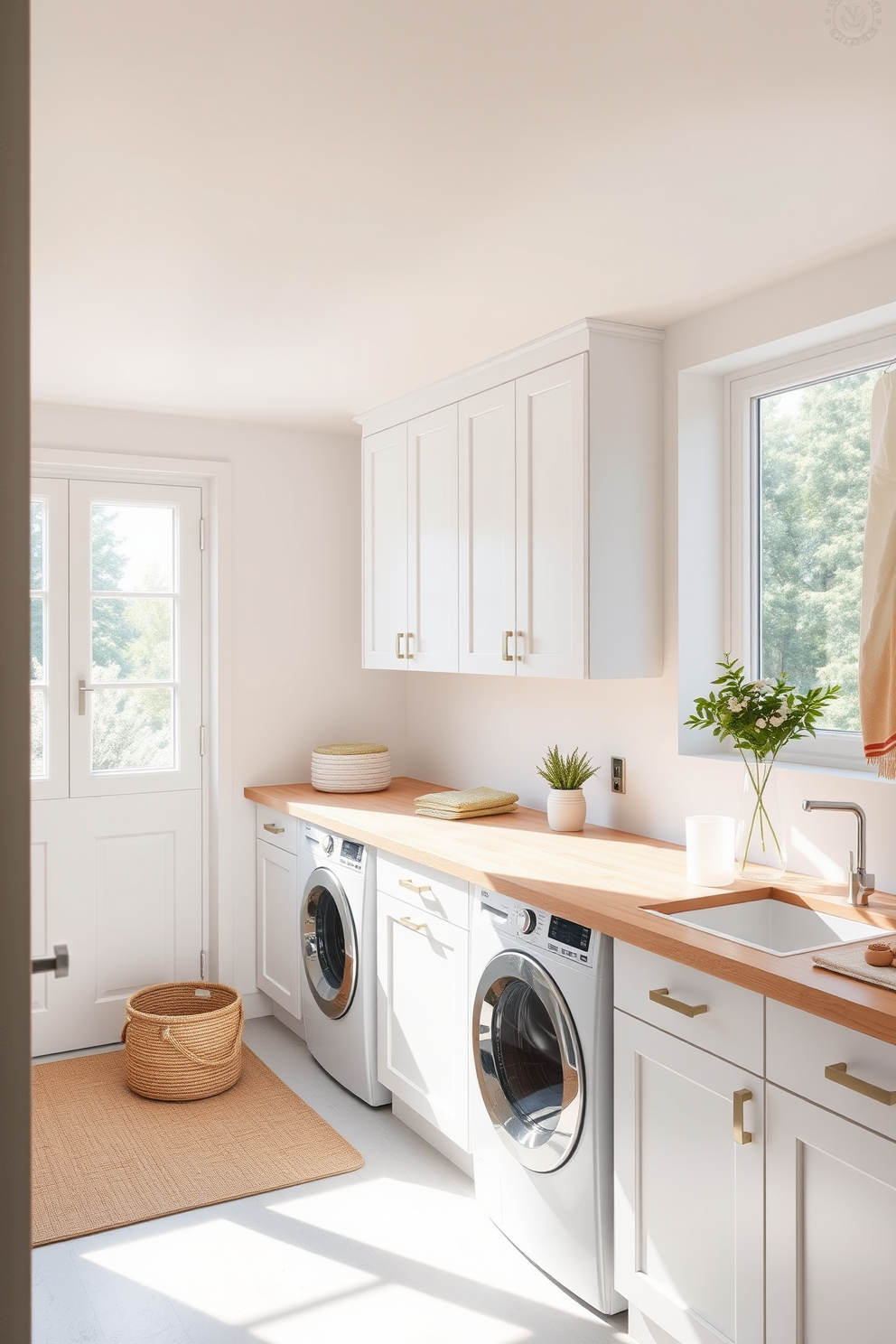 A bright and airy laundry room features pared-back Scandinavian design elements. The space is filled with natural light, showcasing minimalist cabinetry in a soft white finish. The countertops are made of light wood, providing a warm contrast to the white walls. A large window offers a view of the outdoors, enhancing the room's fresh and inviting atmosphere.