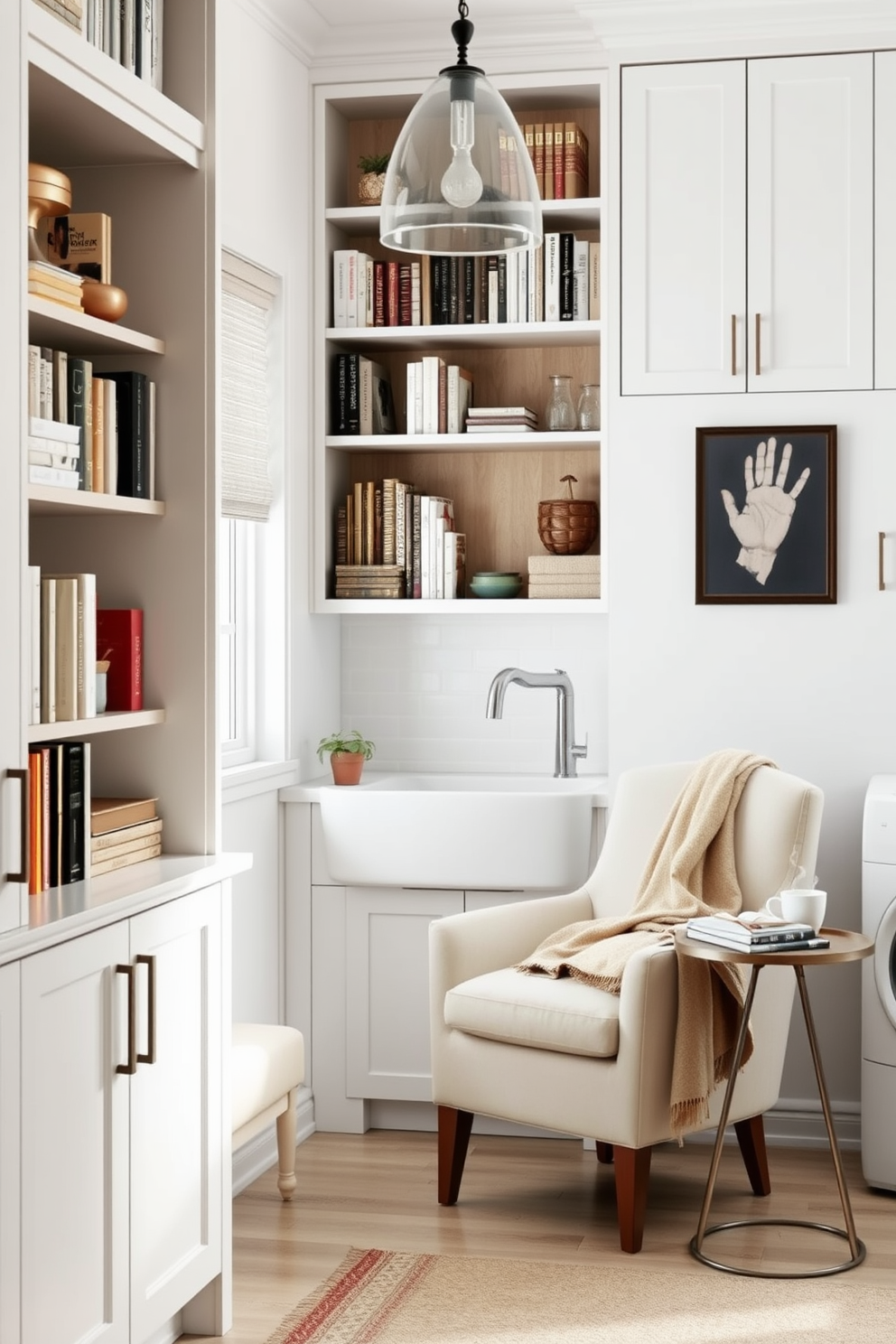 Cozy reading nook in laundry corner. A comfortable armchair upholstered in soft fabric is nestled beside a tall bookshelf filled with books and decorative items. The walls are painted in a light pastel color, creating a serene atmosphere. A small side table holds a steaming cup of tea and a cozy throw blanket draped over the armchair. White laundry room design ideas. The space features sleek white cabinetry with minimalist handles, providing ample storage for laundry essentials. A large farmhouse sink sits beneath a window, allowing natural light to brighten the room, while a stylish pendant light hangs above for added charm.