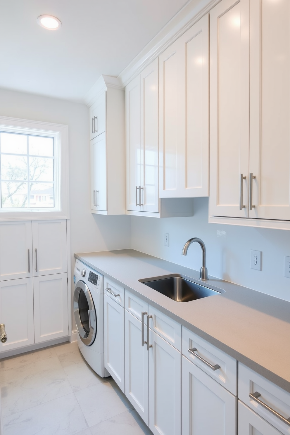 A bright and airy laundry room features floor-to-ceiling cabinets in a crisp white finish providing ample storage space. The cabinets are complemented by a sleek countertop in a light gray tone, with a stylish sink and modern faucet integrated into the design.