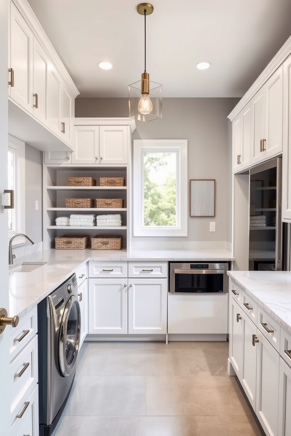 A bright and airy laundry room featuring sleek marble countertops that add a touch of luxury. The cabinetry is a crisp white, complemented by stainless steel appliances and a large window allowing natural light to flood the space. The floor is finished with light gray tiles for a modern look, while open shelving displays neatly folded towels and decorative baskets. A stylish pendant light hangs from the ceiling, enhancing the room's elegance and functionality.