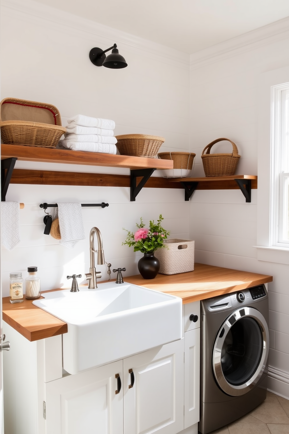 A bright laundry room featuring a farmhouse sink with rustic accents. The walls are painted in a soft white, complemented by wooden shelves displaying neatly folded towels and decorative baskets. Natural light floods the space through a large window, enhancing the airy feel. Vintage-inspired fixtures and a wooden countertop add warmth and character to the design.