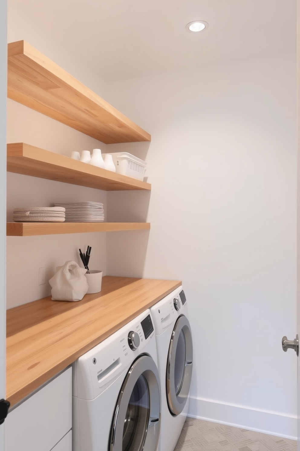 A bright and airy laundry room features floating shelves made of light wood, providing easy access to essential items. The walls are painted in a soft white, creating a clean and minimalist aesthetic that enhances the room's functionality.