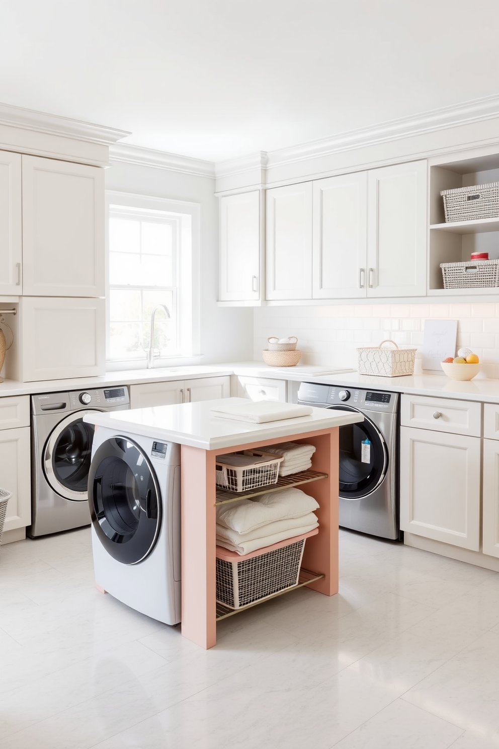 A bright and airy laundry room featuring a central laundry island designed for folding and sorting clothes. The island is topped with a sleek white countertop, surrounded by ample storage cabinets in a soft pastel color.