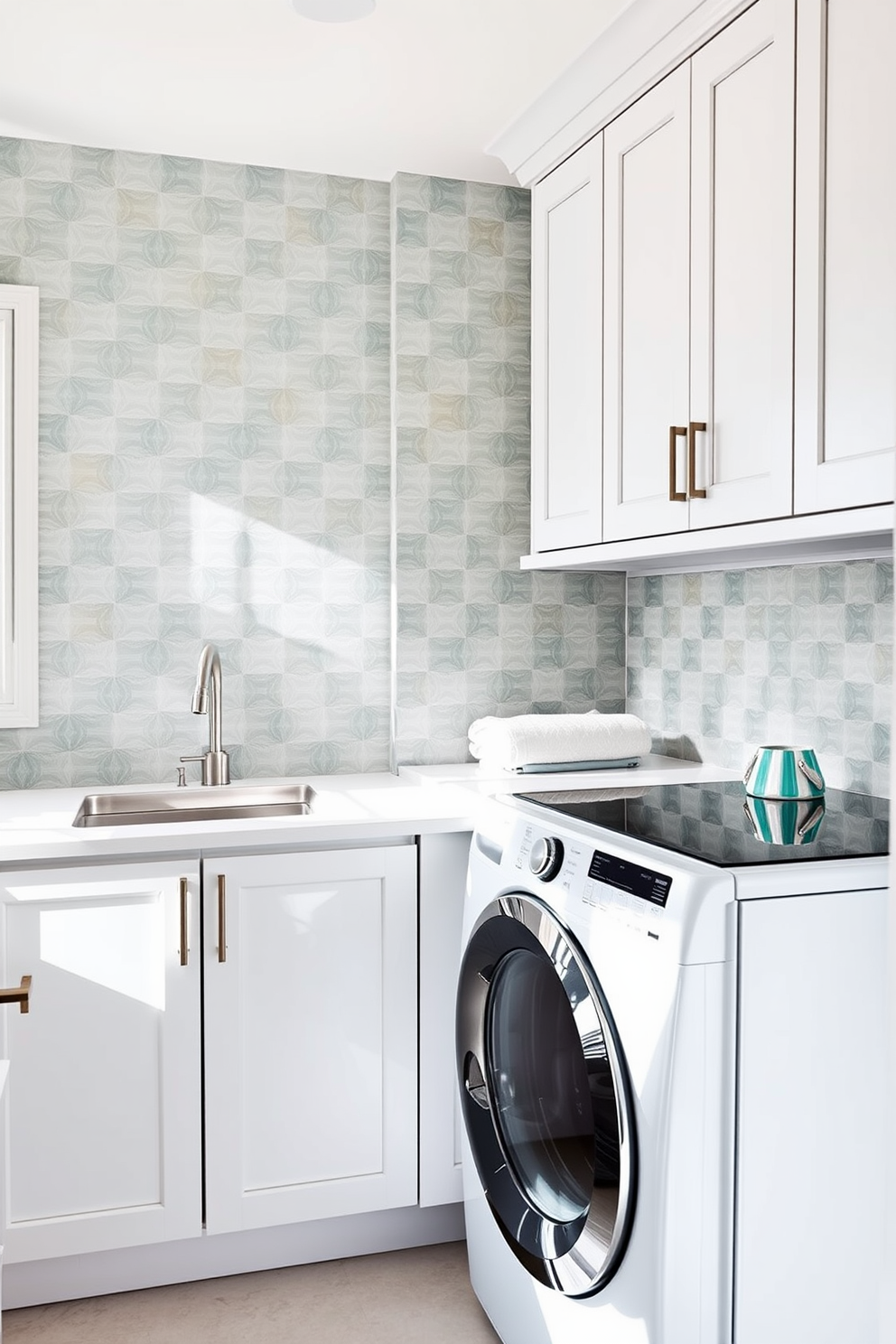 A chic laundry room features a stunning tile backsplash adorned with geometric patterns in soft pastel colors. The cabinetry is sleek and modern, with ample storage space for laundry essentials and a countertop that provides a functional folding area. The room is bright and airy, illuminated by natural light streaming through a large window. A stylish washing machine and dryer are seamlessly integrated into the design, creating a harmonious and inviting space.