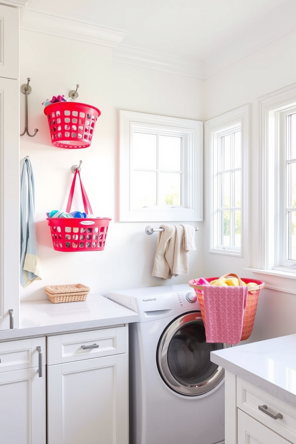 A bright and airy laundry room features decorative hooks mounted on the wall for stylish organization. The hooks are made of brushed nickel and hold colorful baskets filled with laundry essentials, adding a pop of color to the space. The room is designed with white cabinetry that provides ample storage, complemented by a sleek countertop for folding clothes. Large windows allow natural light to flood in, enhancing the clean and fresh atmosphere of the laundry area.