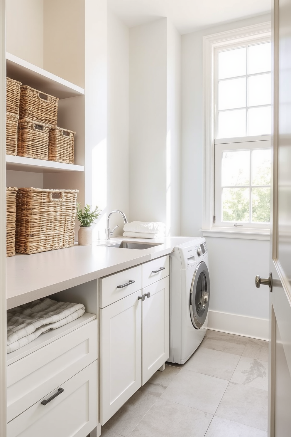 A bright and airy laundry room featuring woven baskets arranged on open shelves for a natural and rustic look. The walls are painted in a soft white hue, and the space is illuminated by natural light streaming through a large window. The floor is adorned with light gray tiles, creating a clean and modern aesthetic. A sleek countertop provides ample space for folding clothes, while a stylish washer and dryer are seamlessly integrated into the design.