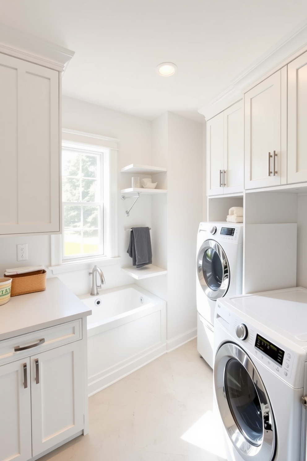 A bright and airy laundry room features a dedicated pet washing station with a built-in tub. The walls are painted in a soft white shade, complemented by sleek cabinetry and a countertop for sorting laundry. The space includes open shelving for storage and a stylish washer and dryer set. A large window allows natural light to flood the room, creating a cheerful and functional environment.