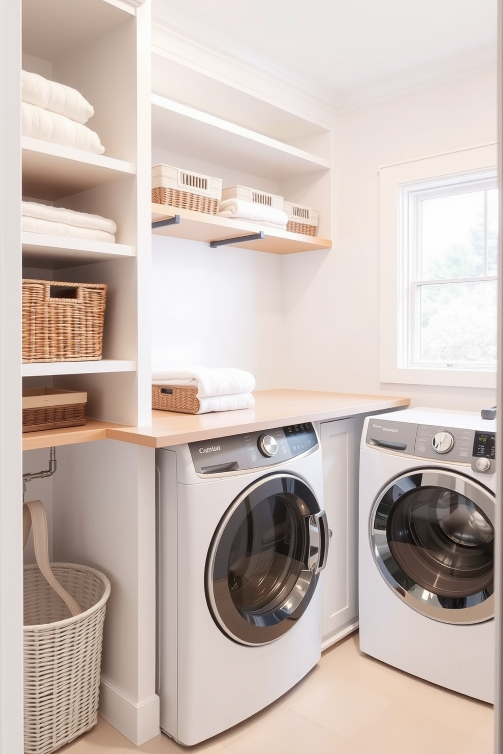 A bright and airy laundry room featuring smart storage solutions that maximize space. There are open shelves above the washer and dryer, neatly organized with baskets and folded towels. The walls are painted in a soft white color, creating a clean and fresh atmosphere. A compact folding station with a countertop extends from the wall, providing functionality without sacrificing style.