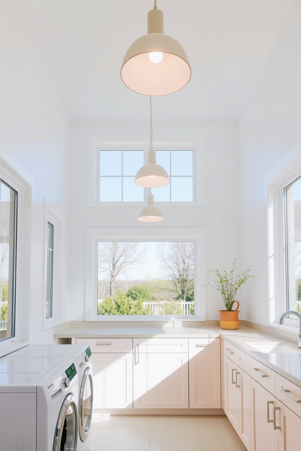 Bright lighting fixtures for a cheerful vibe. The laundry room features large windows that allow natural light to flood the space, complemented by modern pendant lights hanging from the ceiling. The walls are painted in a crisp white, creating a fresh and airy atmosphere. Sleek cabinetry in soft pastel colors provides ample storage while adding a touch of warmth to the design.