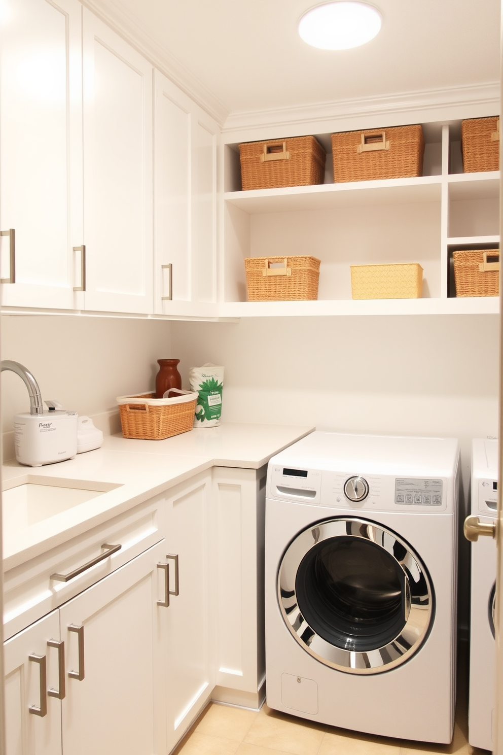 Custom cabinetry tailored to your needs creates a functional and stylish laundry room. The space is bright and airy, featuring white cabinetry with sleek handles and ample storage for all your laundry essentials.