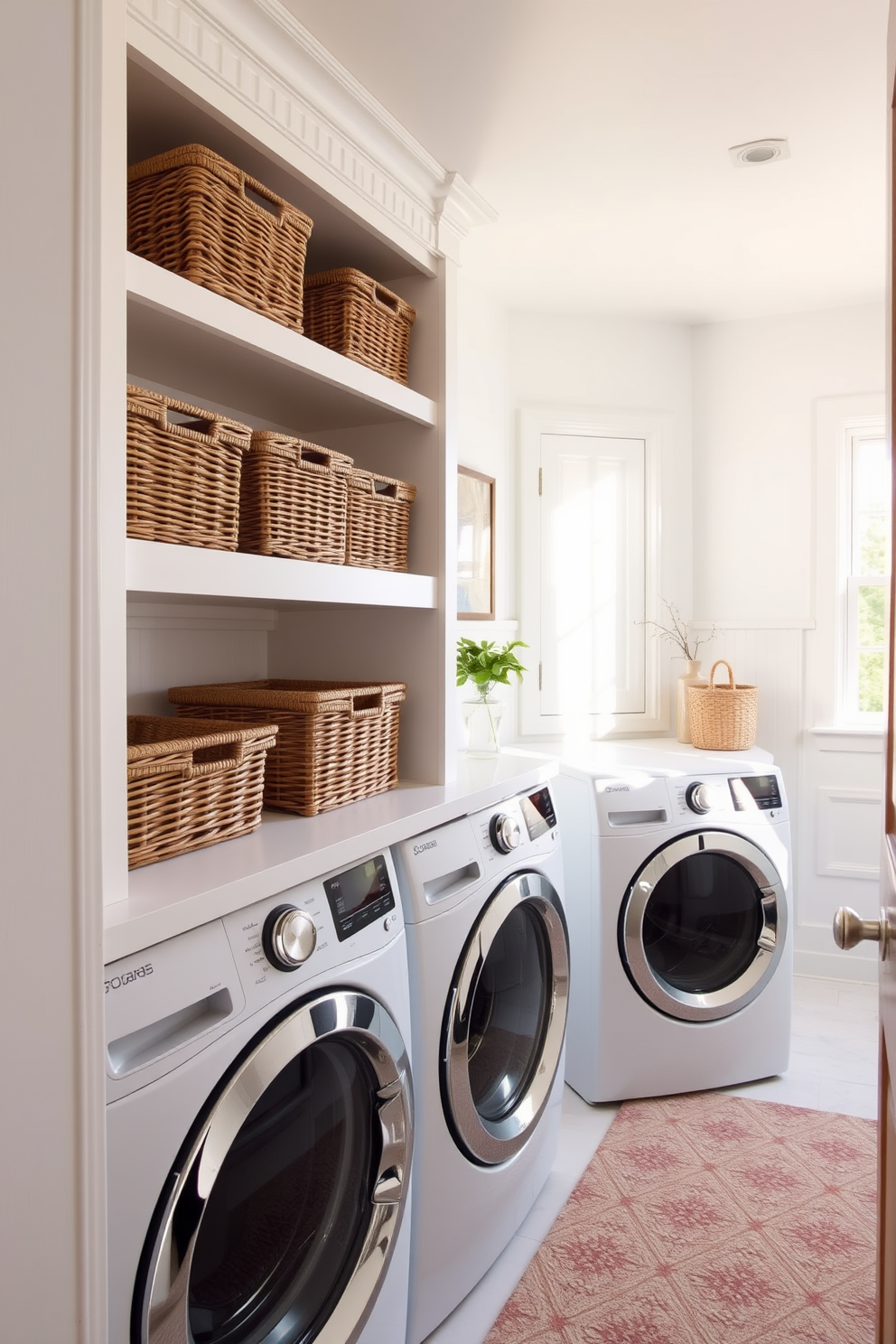 A bright and airy laundry room features open shelving adorned with decorative wicker baskets in various sizes. The walls are painted in a crisp white, and the space is enhanced by natural light streaming in through a large window.