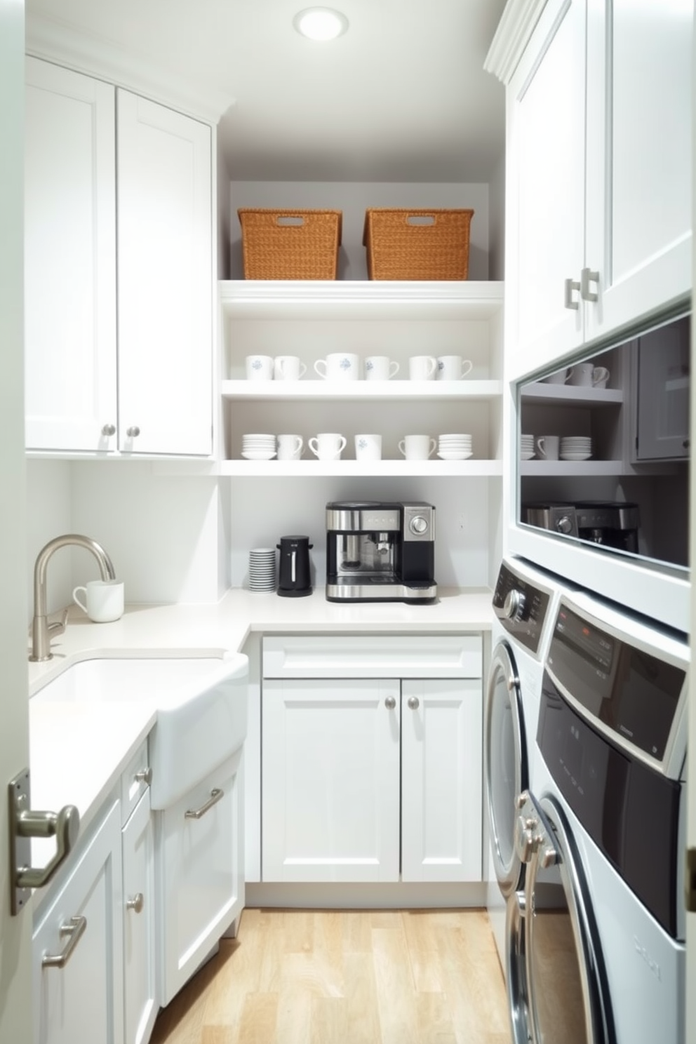 A bright and airy laundry room featuring a coffee bar setup. The room is designed with white cabinetry and countertops, complemented by stainless steel appliances and a farmhouse sink. A cozy coffee station is nestled in one corner, complete with a sleek espresso machine and stylish mugs displayed on open shelves. Soft lighting illuminates the space, creating a welcoming atmosphere for multitasking between laundry and coffee breaks.