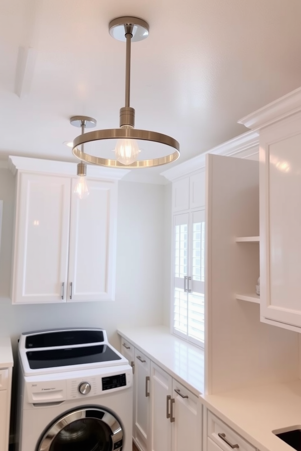 Elegant pendant lights for ambiance. The lights feature a sleek design with a brushed nickel finish, suspended gracefully from the ceiling. White laundry room design ideas. The space is bright and airy, with white cabinetry and countertops that create a clean and organized look.