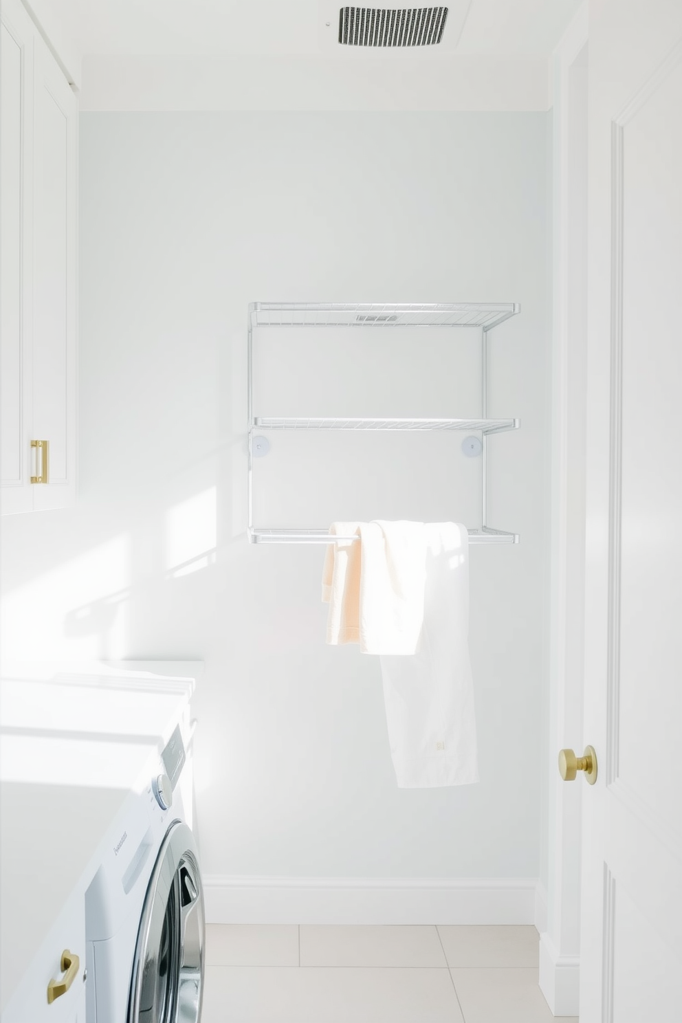 A bright and airy laundry room features a wall-mounted drying rack that maximizes space and convenience. The room is designed with white cabinetry and countertops, creating a clean and minimalist aesthetic.