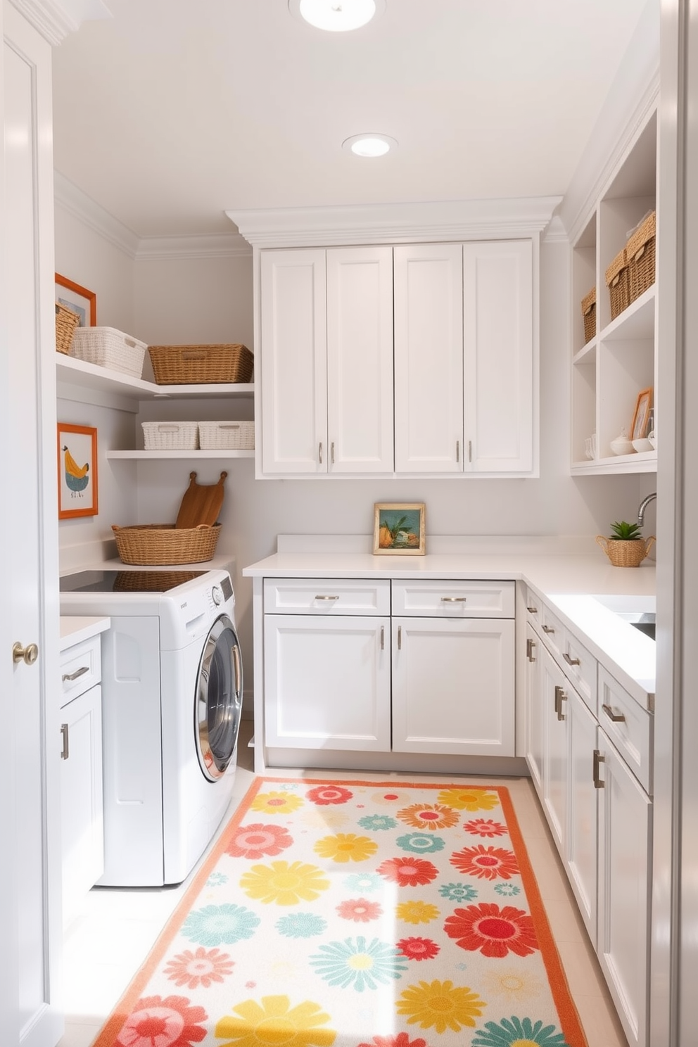 A bright and airy laundry room features white cabinetry and countertops, creating a clean and fresh atmosphere. Colorful artwork adorns the walls, adding a playful touch that contrasts beautifully with the crisp white surroundings. The space includes an organized layout with ample storage solutions, such as baskets and shelves. A cheerful rug with vibrant patterns lies on the floor, enhancing the overall lively aesthetic of the room.