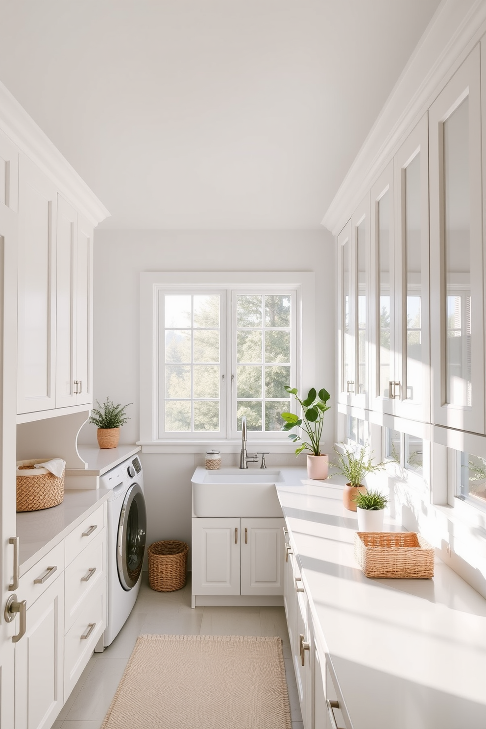 A bright and airy laundry room filled with natural light streaming through large windows. The space features white cabinetry and countertops, creating a clean and crisp aesthetic. A spacious sink is located near the windows, surrounded by stylish storage solutions for laundry essentials. Soft beige accents and potted plants add warmth and a touch of nature to the design.