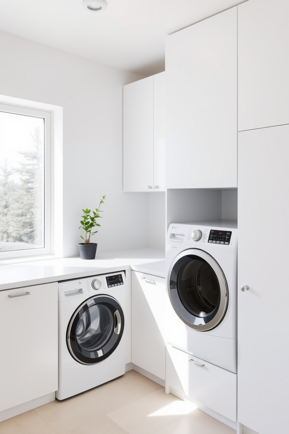 A minimalist laundry room featuring sleek finishes and clean lines. The space includes a built-in white cabinetry with a smooth countertop and a modern washer and dryer seamlessly integrated into the design. Natural light floods the room through a large window, highlighting the simplicity of the decor. A single potted plant adds a touch of greenery, complementing the overall serene and uncluttered aesthetic.