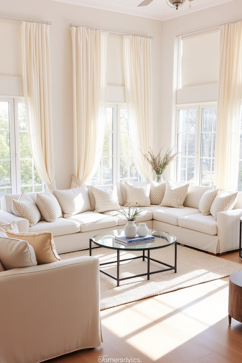 A bright and airy living room features soft neutral curtains that gracefully frame large windows, allowing natural light to filter in gently. The walls are painted in a warm white tone, creating a serene backdrop for comfortable furniture arrangements. A plush white sectional sofa is adorned with an array of textured throw pillows in varying shades of cream and beige. A stylish coffee table sits in the center, complemented by a cozy area rug that adds warmth to the space.