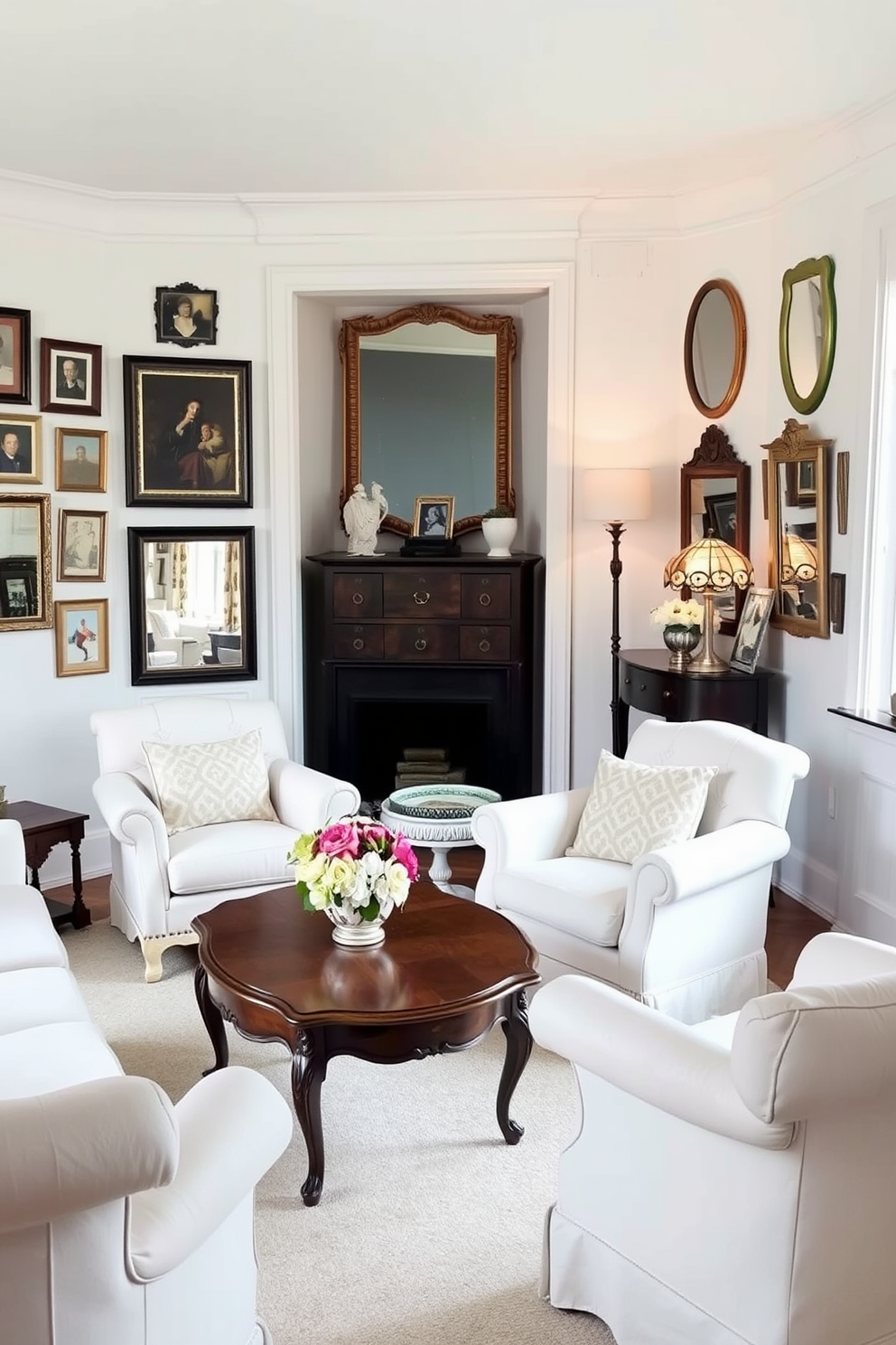 A bright white living room adorned with vintage decor pieces that add character and charm. An antique wooden coffee table sits at the center, surrounded by plush, upholstered armchairs in soft pastel colors. On the walls, a collection of vintage framed artwork and mirrors create a gallery effect. A decorative floor lamp with a stained glass shade stands in one corner, casting a warm glow across the room.