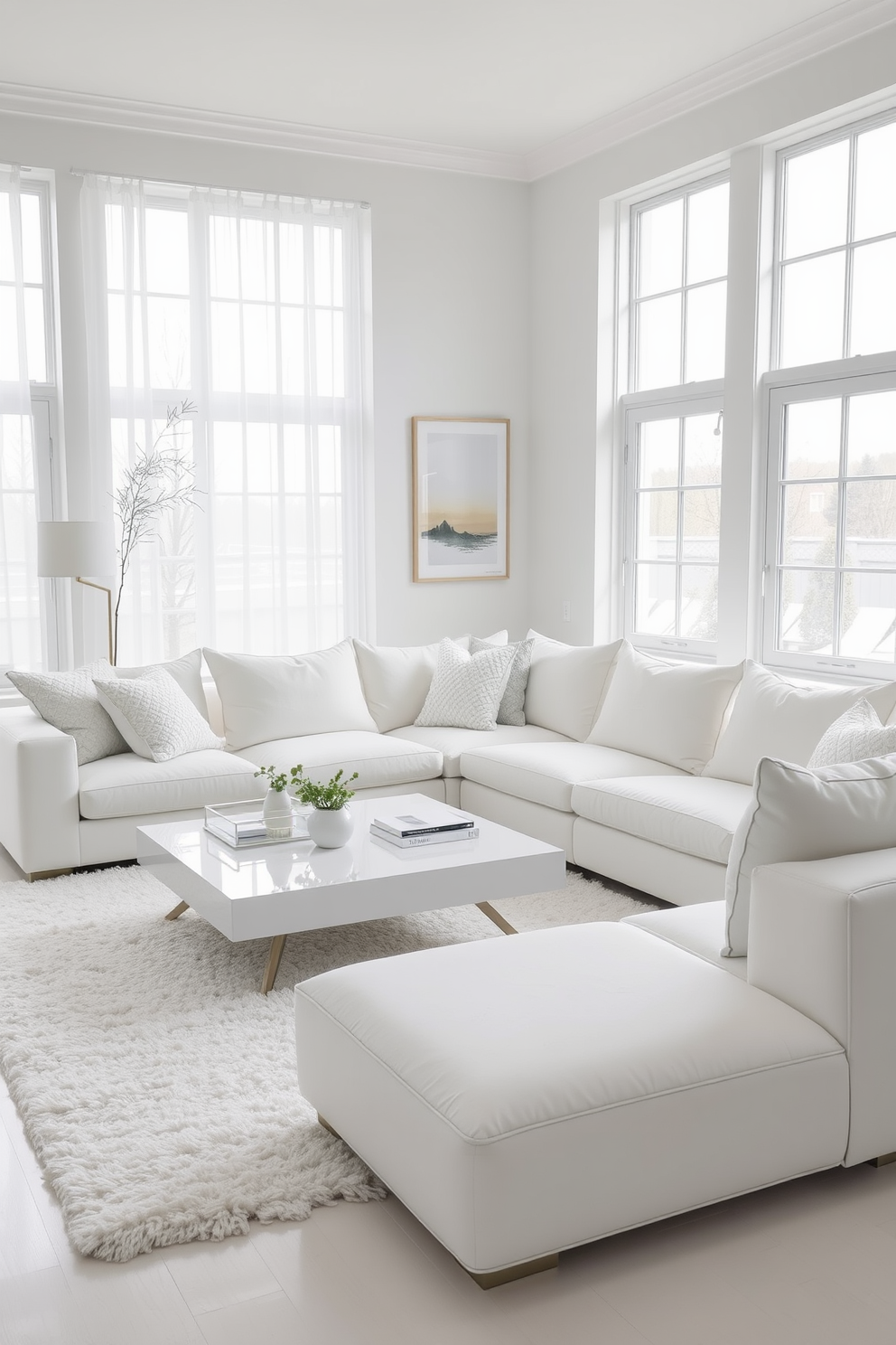 A serene white living room featuring a monochromatic palette with varying shades of white. The space includes a plush white sectional sofa adorned with textured pillows, complemented by a sleek white coffee table. Natural light floods the room through large windows, highlighting the subtle differences in texture across the walls and furniture. A soft white area rug anchors the seating area, while minimalist artwork in muted tones adds a touch of elegance to the decor.