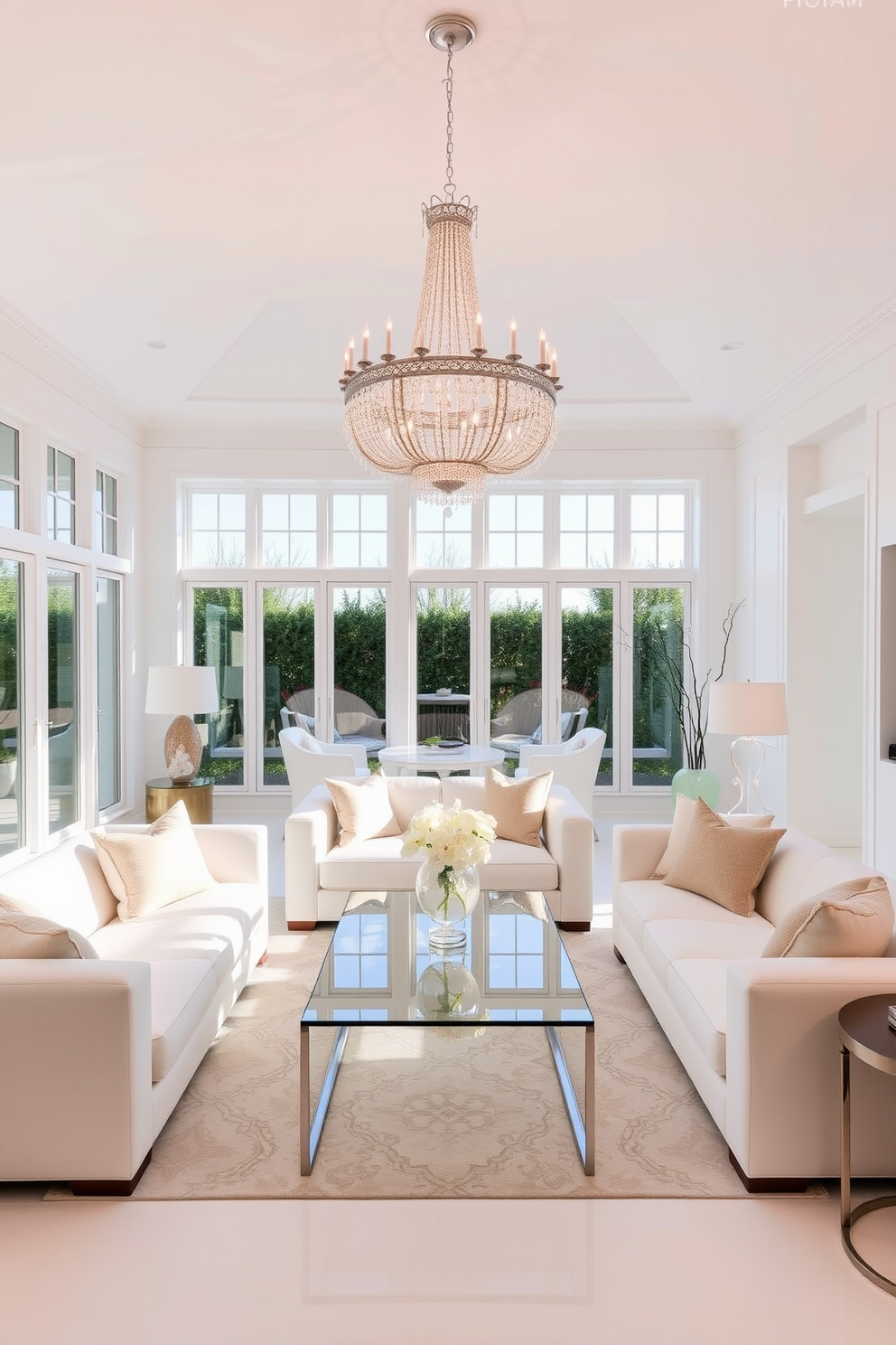 A stunning white living room featuring an elegant chandelier that hangs gracefully from the ceiling. The space is adorned with plush white sofas and a sleek glass coffee table, creating a serene and inviting atmosphere. The walls are painted in a soft white hue, enhancing the brightness of the room. Large windows allow natural light to flood in, illuminating the carefully curated decor and accent pieces throughout the space.