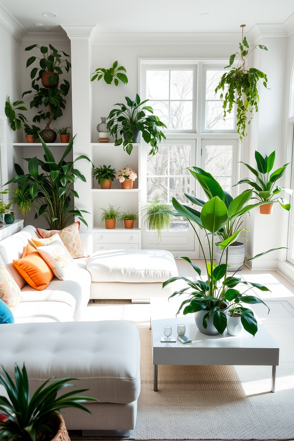 A bright and airy white living room filled with natural light. Lush indoor plants are strategically placed in corners and on shelves, adding vibrant greenery to the space. The room features a plush white sectional sofa adorned with colorful throw pillows. A sleek coffee table sits in the center, surrounded by elegant accents and a large indoor plant for a fresh touch.