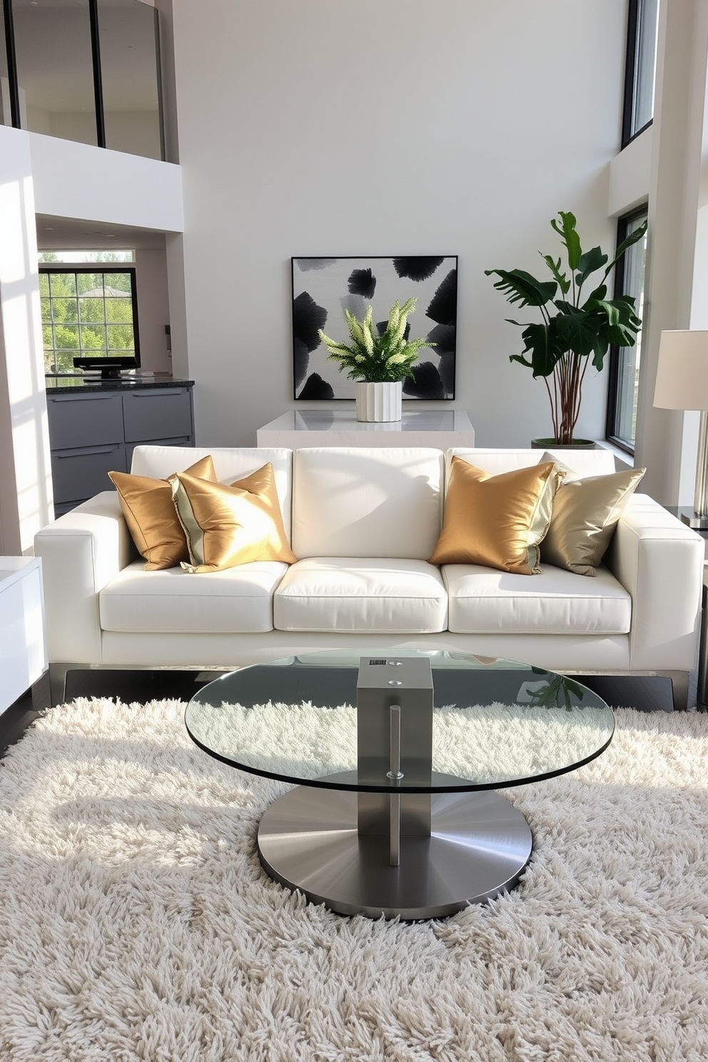 A modern white living room that seamlessly blends different metal finishes. The space features a sleek white sofa accented with gold and silver throw pillows, creating a sophisticated contrast. A glass coffee table with a brushed nickel base sits atop a plush area rug. Floor-to-ceiling windows allow natural light to flood the room, highlighting the unique blend of textures and materials.