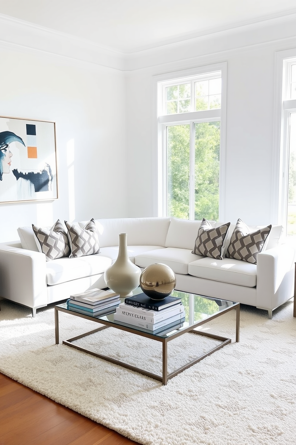 A bright and airy living room features geometric patterned throw pillows on a sleek white sofa. The walls are adorned with abstract art that complements the decor, while a stylish coffee table showcases a collection of decorative books and a sculptural centerpiece. Natural light floods the space through large windows, highlighting the crisp white color palette. A plush area rug with subtle geometric designs anchors the seating arrangement, creating a cozy yet modern atmosphere.