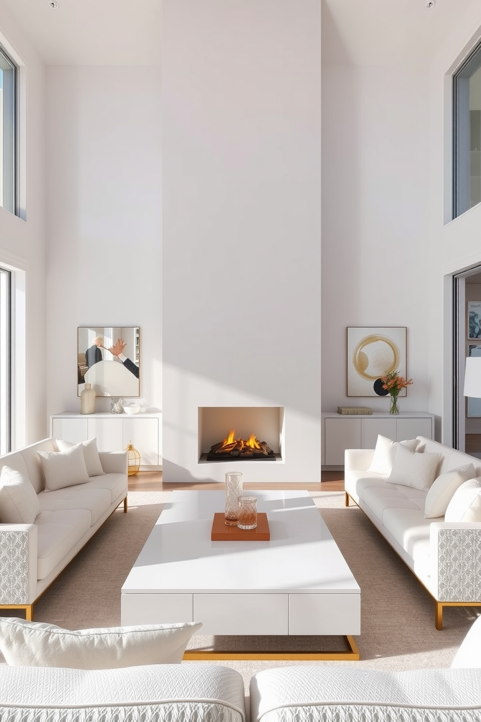 A bright white fireplace serves as the stunning focal point of the living room. The surrounding walls are adorned with soft, neutral tones that enhance the room's airy feel. Plush white sofas are arranged invitingly around a sleek coffee table. Accents of gold and glass add a touch of elegance, while large windows allow natural light to flood the space.