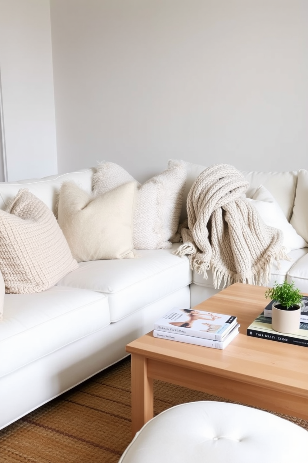 A white living room filled with layered textures creates a cozy ambiance. Plush white sofas are adorned with a mix of soft throw pillows in varying shades of cream and beige. A chunky knit blanket drapes over one arm of the sofa, inviting relaxation. The room features a light wood coffee table topped with a stack of art books and a small potted plant for a touch of greenery.