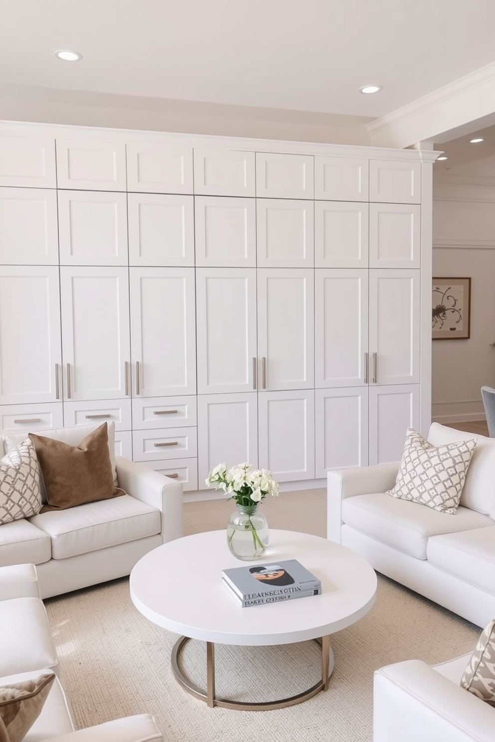 A stylish white cabinetry setup for storage features sleek, modern doors with minimalist handles. The cabinetry is complemented by a light-colored countertop and organized interior spaces for optimal functionality. In the living room design, a bright white color palette creates an airy and inviting atmosphere. Plush seating arrangements with soft textiles are accented by decorative throw pillows and a chic coffee table at the center.