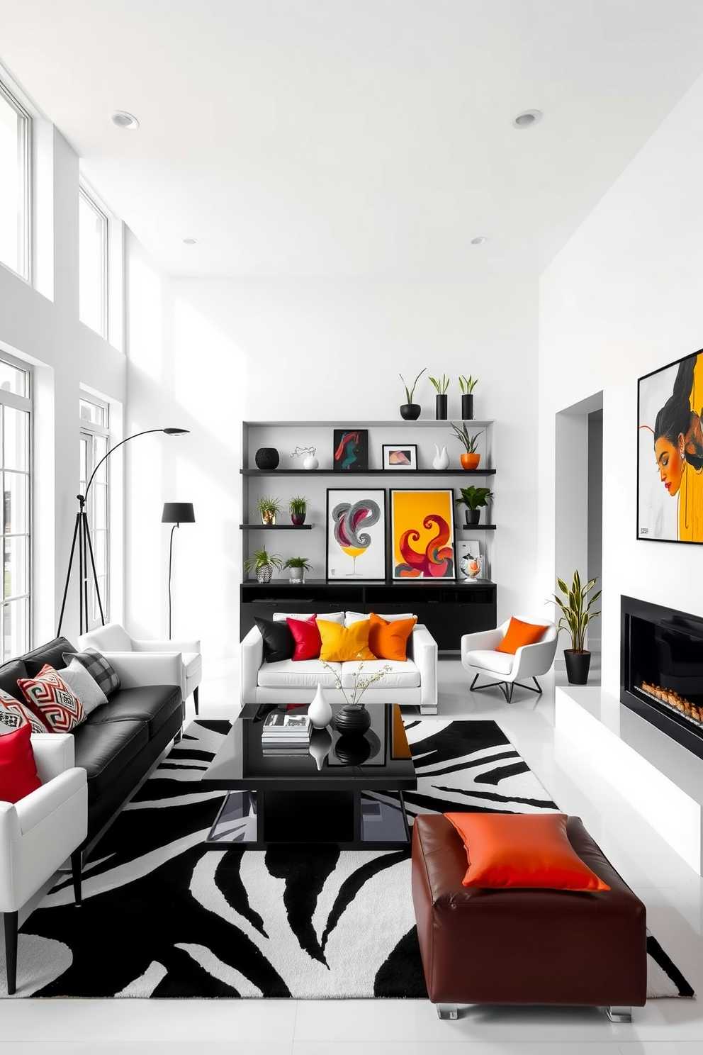 A modern white living room featuring bold black accents throughout the space. The walls are painted crisp white, complemented by a sleek black sofa adorned with colorful throw pillows. A large black coffee table sits in the center, surrounded by white accent chairs. Floor-to-ceiling windows allow natural light to flood the room, highlighting a striking black and white area rug. Decorative black shelves showcase vibrant artwork and plants, adding depth and personality. A minimalist black floor lamp stands tall in one corner, enhancing the contemporary aesthetic.