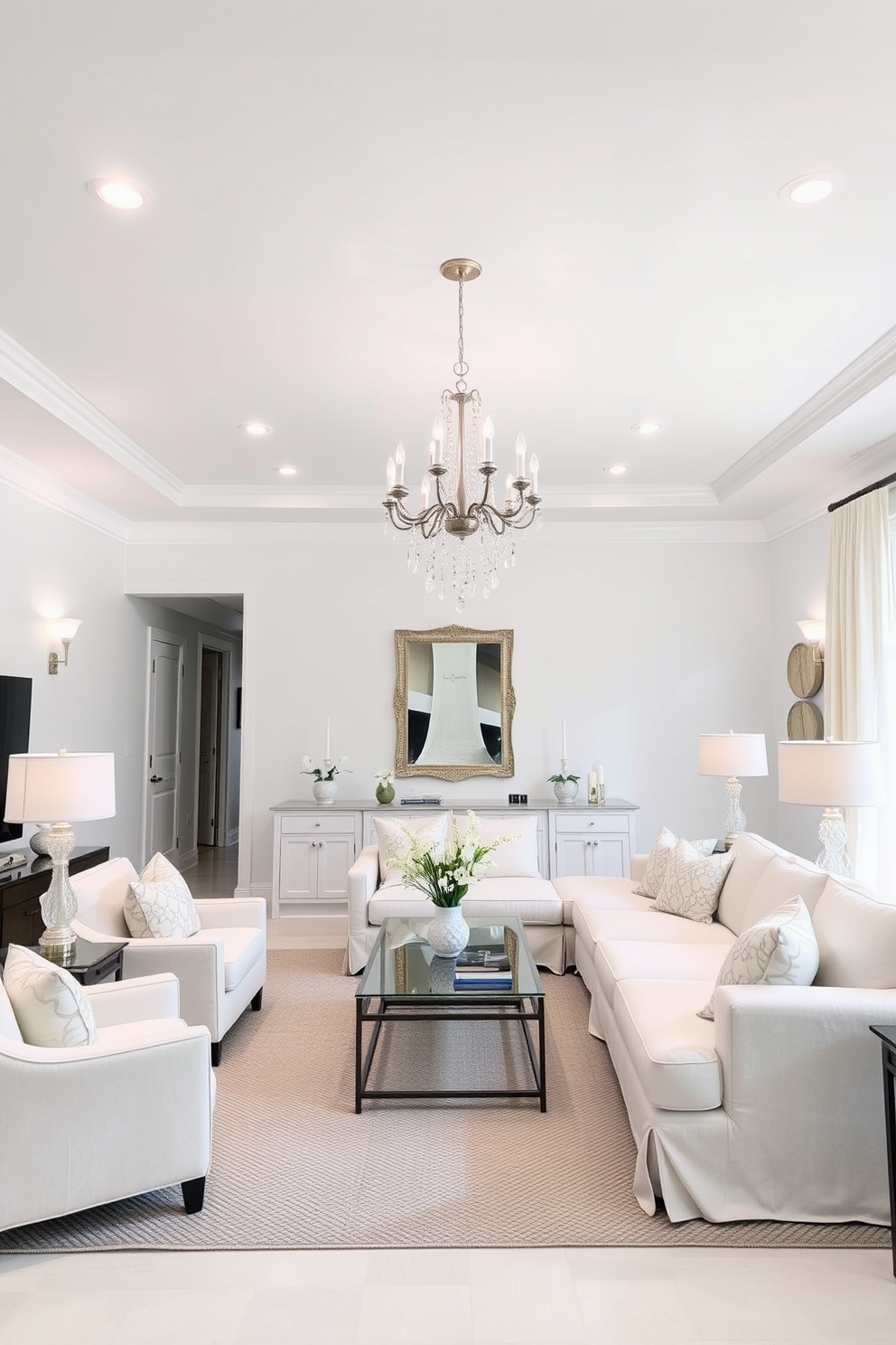 A bright and airy white living room featuring layered lighting that creates a versatile ambiance. Soft recessed lights are installed in the ceiling, complemented by elegant floor lamps and a stylish chandelier that adds a touch of sophistication. The walls are painted a crisp white, while plush white furniture pieces, including a large sectional sofa and accent chairs, invite relaxation. A textured area rug anchors the space, and decorative throw pillows in varying shades of white and cream add depth and interest.