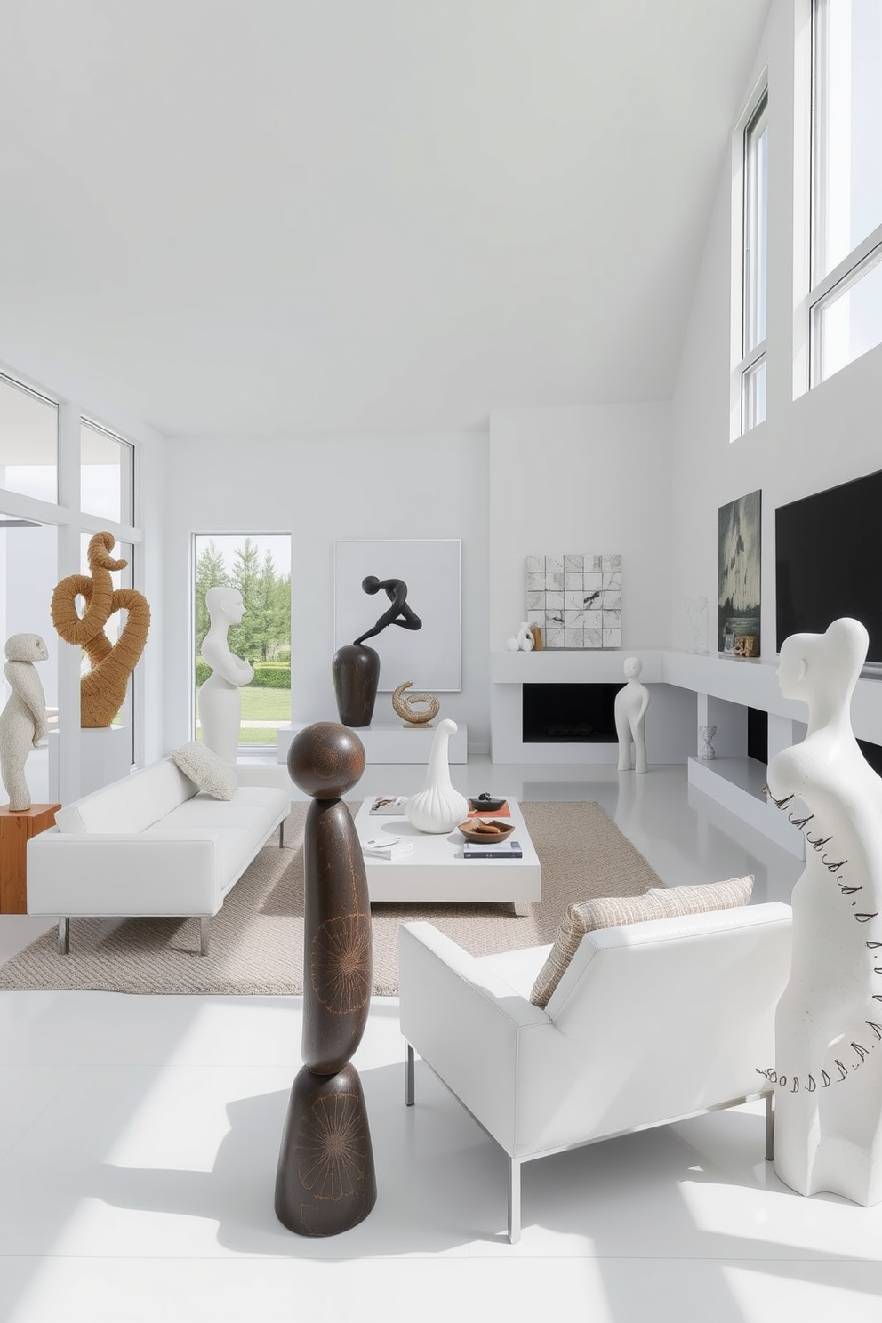 Artistic sculptures are strategically placed throughout the room to create visual interest and enhance the overall aesthetic. The sculptures vary in size and material, adding texture and depth to the white living room design. The living room features a sleek white sofa paired with minimalist accent chairs that complement the sculptures. Large windows allow natural light to flood the space, highlighting the clean lines and modern furnishings.