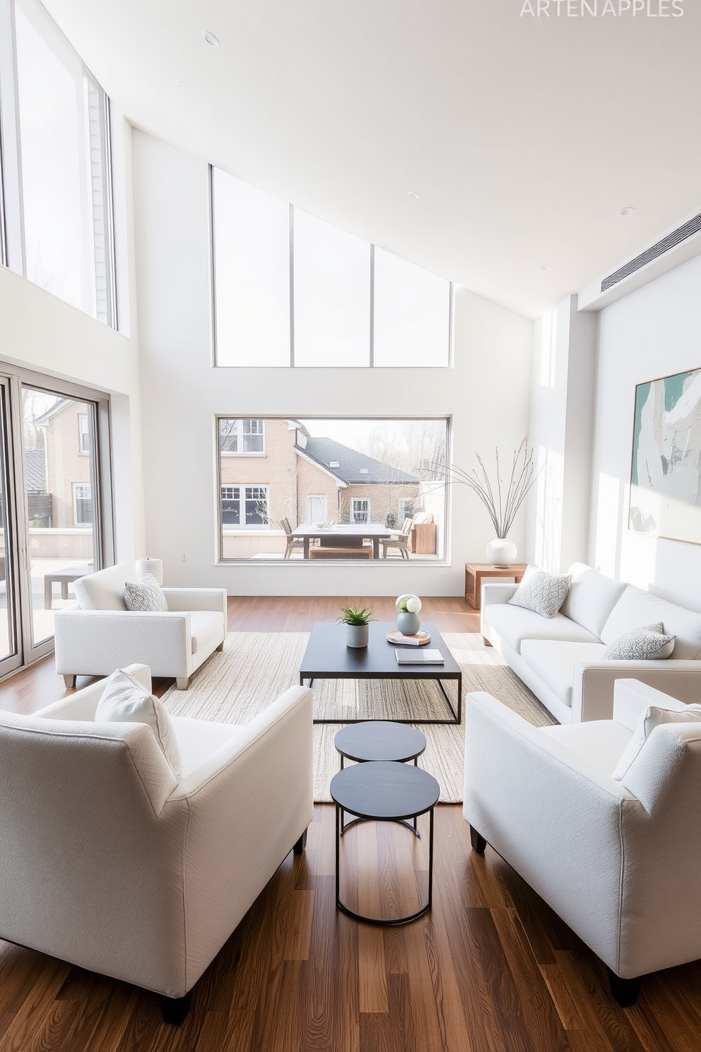 Contemporary furniture with clean silhouettes creates a serene and inviting atmosphere. The white living room features a sleek sectional sofa paired with a minimalist coffee table and accent chairs. Large windows allow natural light to flood the space, highlighting the soft textures of the furnishings. A neutral area rug anchors the seating area, while abstract artwork adds a pop of color to the walls.