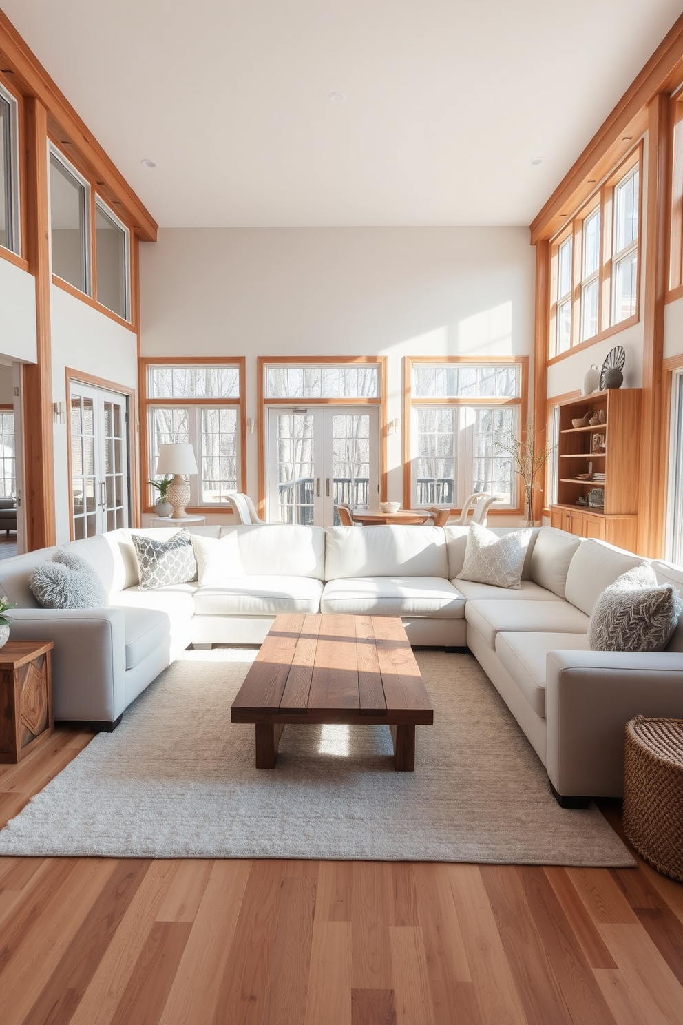 A bright and airy living room featuring natural wood tones throughout. The space includes a large white sectional sofa adorned with textured throw pillows and a reclaimed wood coffee table at the center. Floor-to-ceiling windows allow ample natural light to flood the room, highlighting the warm wood accents. A cozy area rug in soft neutrals anchors the seating area, creating a welcoming atmosphere.