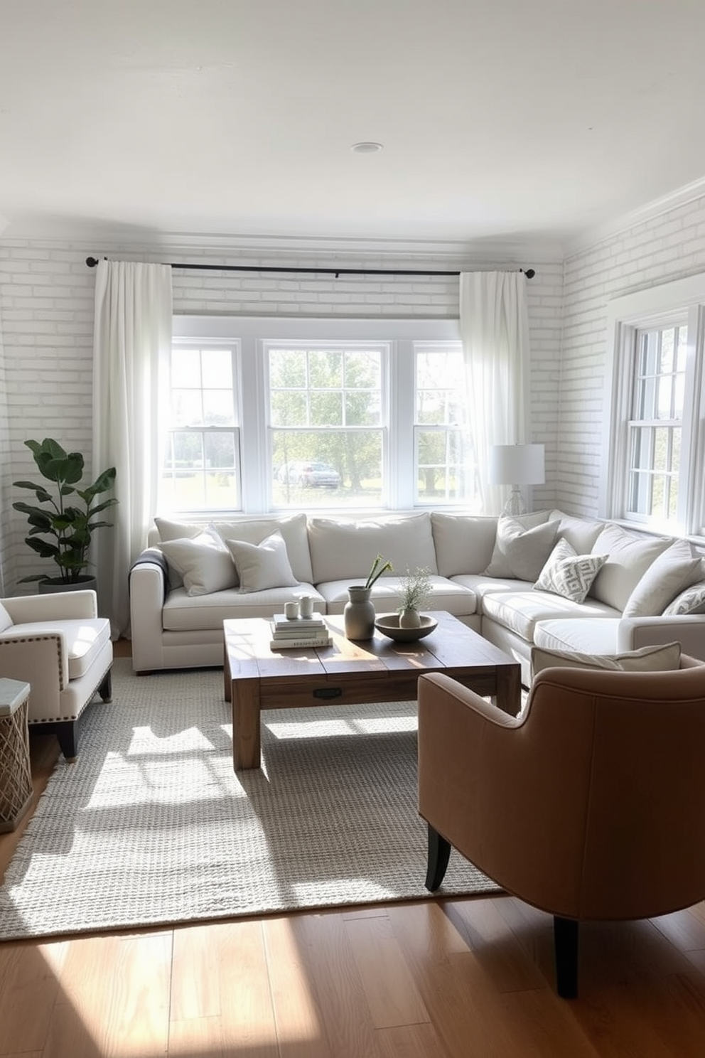 A cozy white living room with whitewashed brick walls that exude a rustic charm. The space features a large, plush sectional sofa adorned with soft throw pillows and a textured area rug that adds warmth underfoot. Natural light floods the room through large windows dressed with sheer curtains. A reclaimed wood coffee table sits in the center, surrounded by stylish accent chairs that enhance the inviting atmosphere.