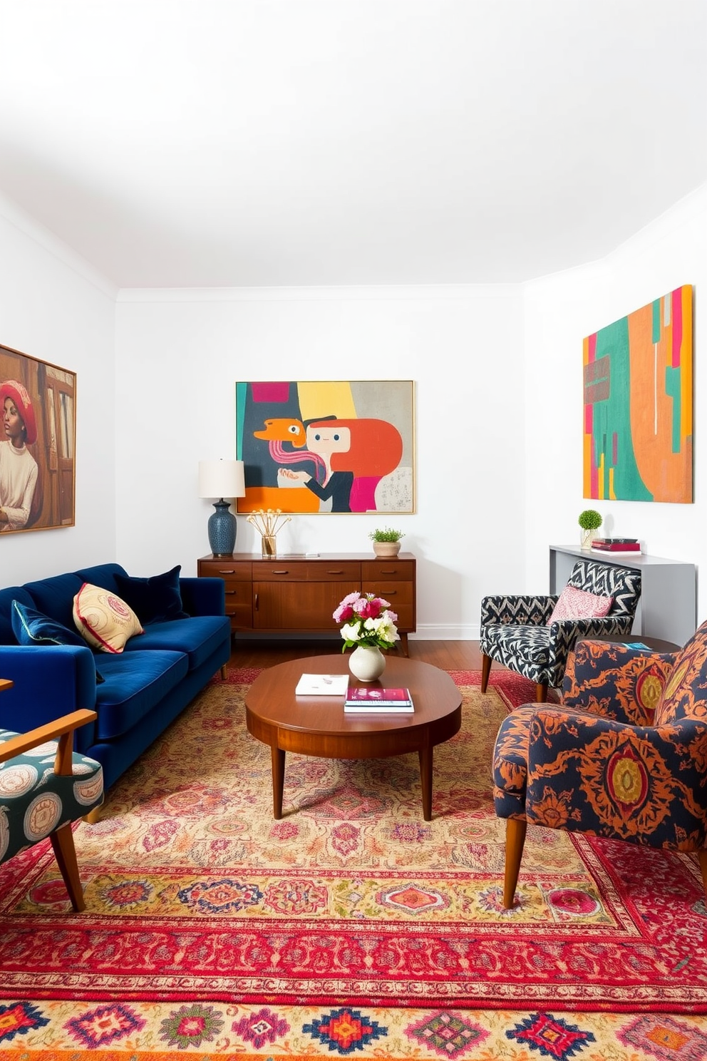 An eclectic living room featuring a mix of vintage and modern furniture styles. A plush velvet sofa in deep blue is paired with a mid-century wooden coffee table and an oversized patterned area rug. The walls are painted in a soft white hue, allowing the colorful artwork to stand out. Accent chairs in bold prints and textures create a dynamic contrast, while a sleek console table adds a touch of contemporary elegance.