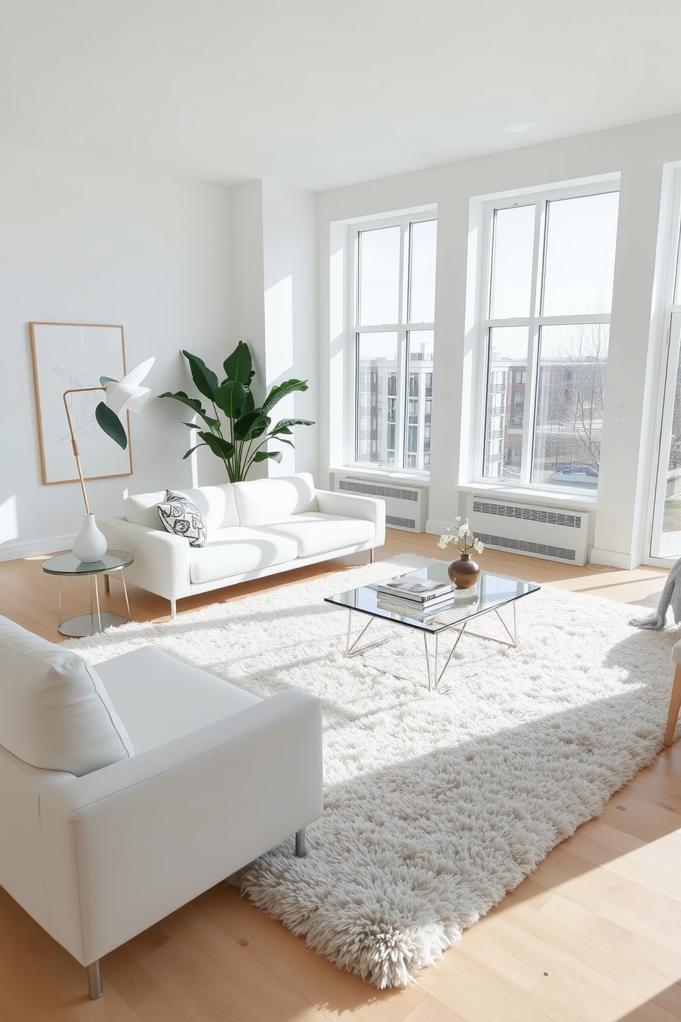 A bright and airy living room featuring minimalist furniture with sleek lines. The space is adorned with a soft white color palette, complemented by a large, plush area rug that adds warmth to the room. A low-profile sofa with clean edges sits opposite a simple coffee table made of glass and metal. Large windows allow natural light to flood the space, highlighting the understated elegance of the decor.