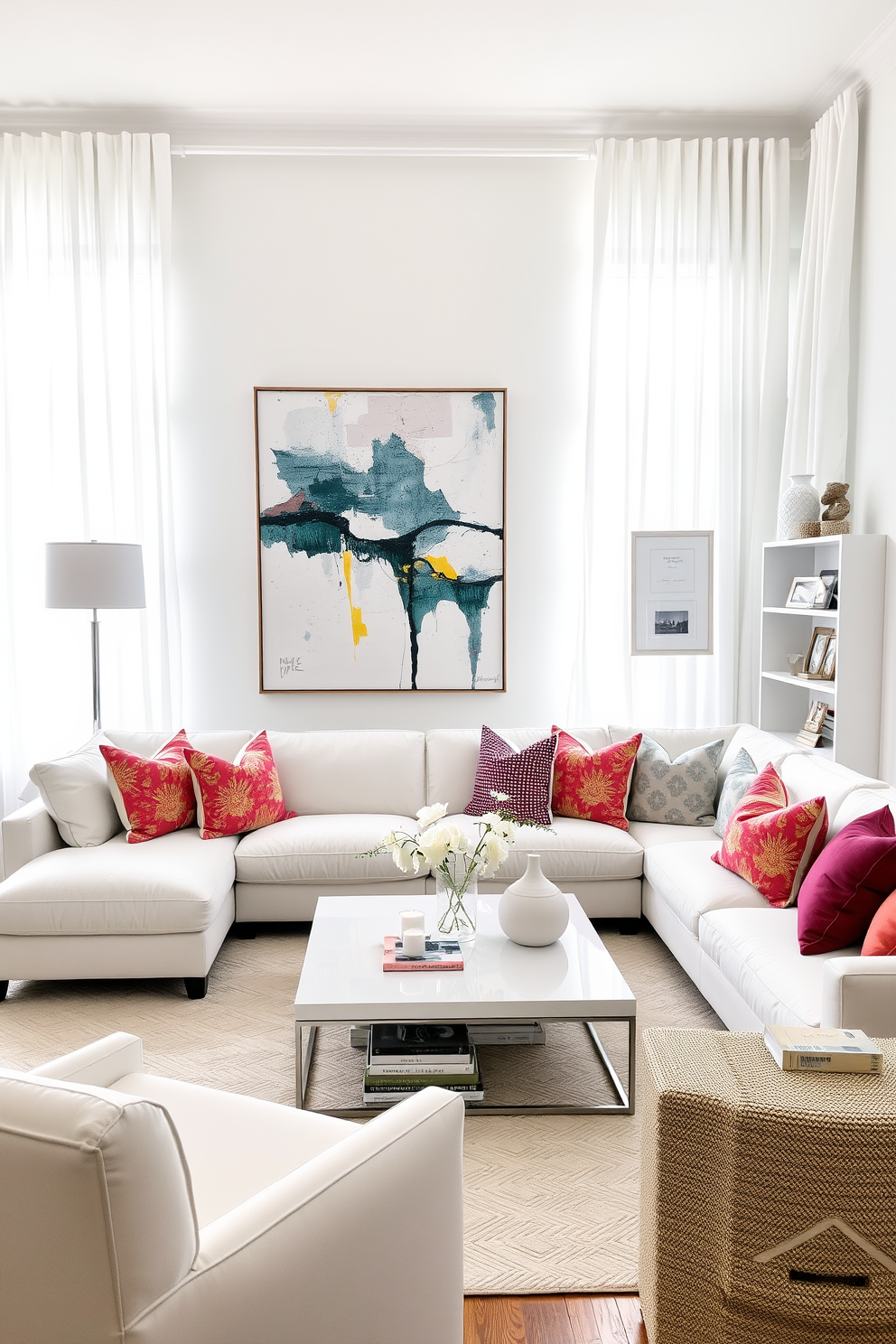 A bright and airy white living room features a plush sectional sofa adorned with colorful throw pillows. A large abstract painting hangs above a sleek coffee table, surrounded by unique decor items that reflect the homeowner's personality. In one corner, a stylish bookshelf showcases personalized decor pieces, such as framed photos and handcrafted items. Natural light floods the space through large windows, highlighting the elegant white curtains that gently sway in the breeze.