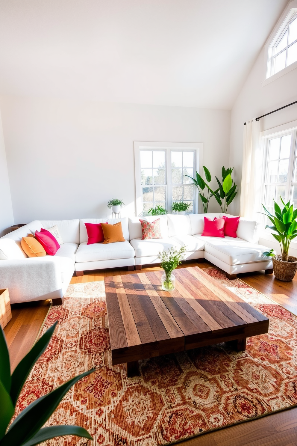 A bright and airy living room features a spacious white sectional sofa adorned with vibrant, colorful pillows that add a pop of personality. The walls are painted in a soft pastel hue, complemented by a large area rug that anchors the seating area and enhances the cozy atmosphere. Natural light floods the room through large windows, highlighting the sleek coffee table made of reclaimed wood positioned in front of the sofa. Potted plants are strategically placed around the room, bringing a touch of greenery and life to the overall design.