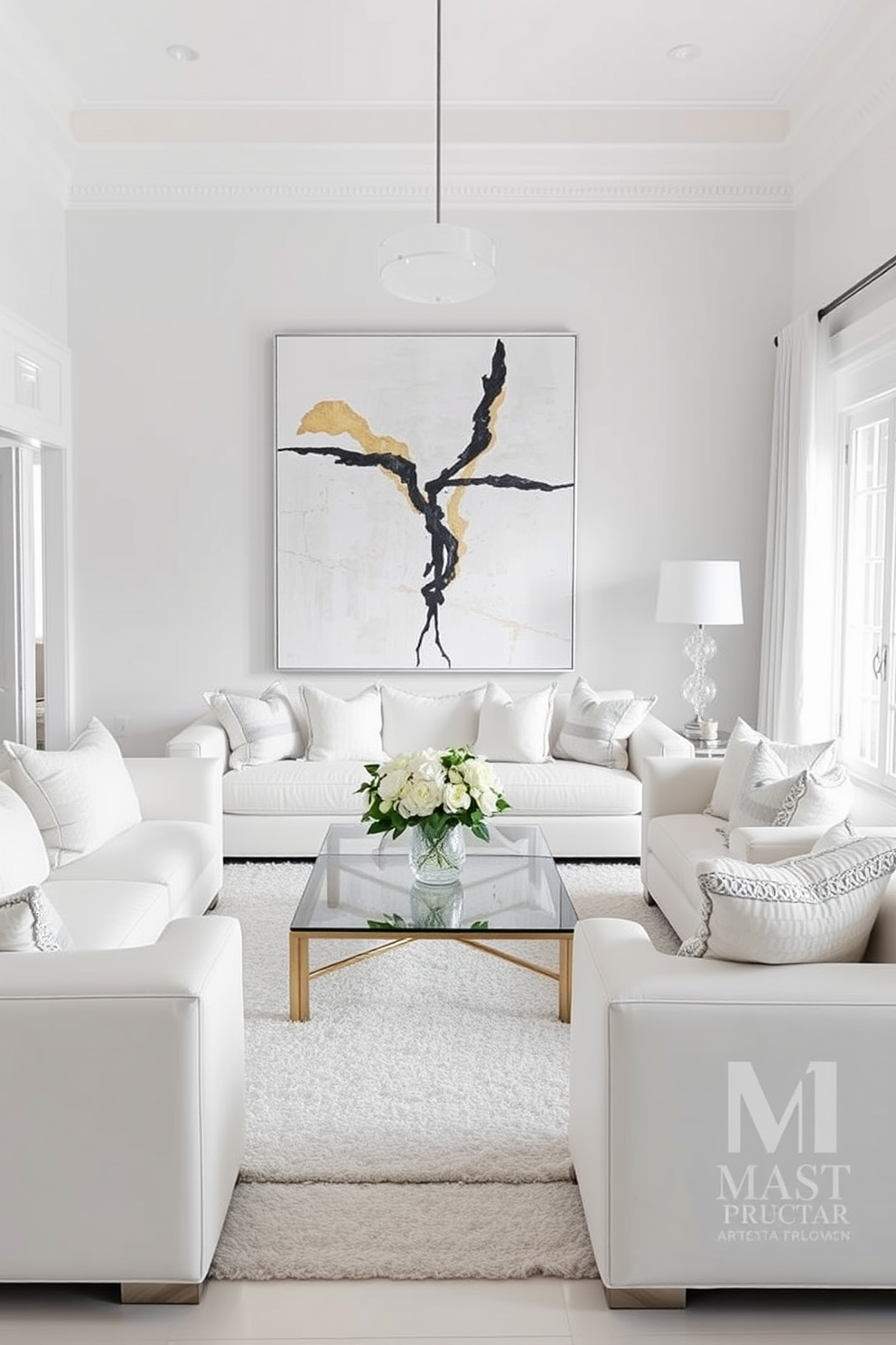 A bright and airy white living room features a large statement artwork piece that draws attention on the main wall. The space is adorned with plush white sofas, a glass coffee table, and soft textured cushions for a cozy yet elegant atmosphere.