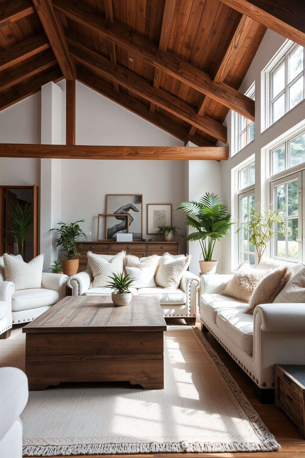 A cozy white living room featuring rustic wood elements that add warmth and character. The space includes a large wooden coffee table with a distressed finish, surrounded by plush white sofas adorned with textured throw pillows. Natural light floods the room through oversized windows, highlighting the wooden beams that stretch across the ceiling. A soft area rug in neutral tones anchors the seating area, while a few potted plants bring a touch of greenery to the design.