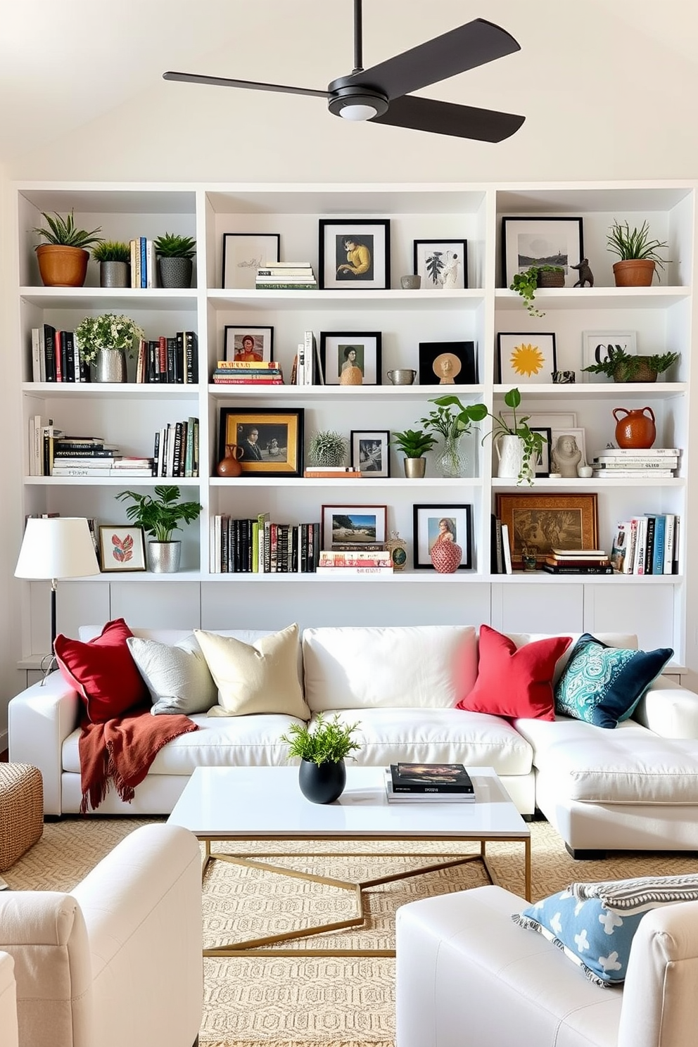 A bright and airy living room featuring open shelving adorned with a curated selection of decorative items. The shelves display a mix of books, plants, and art pieces that add personality and warmth to the space. The walls are painted in a soft white hue, creating a clean backdrop for the stylish furnishings. A plush white sofa is complemented by colorful throw pillows, and a sleek coffee table sits in the center, inviting relaxation and conversation.