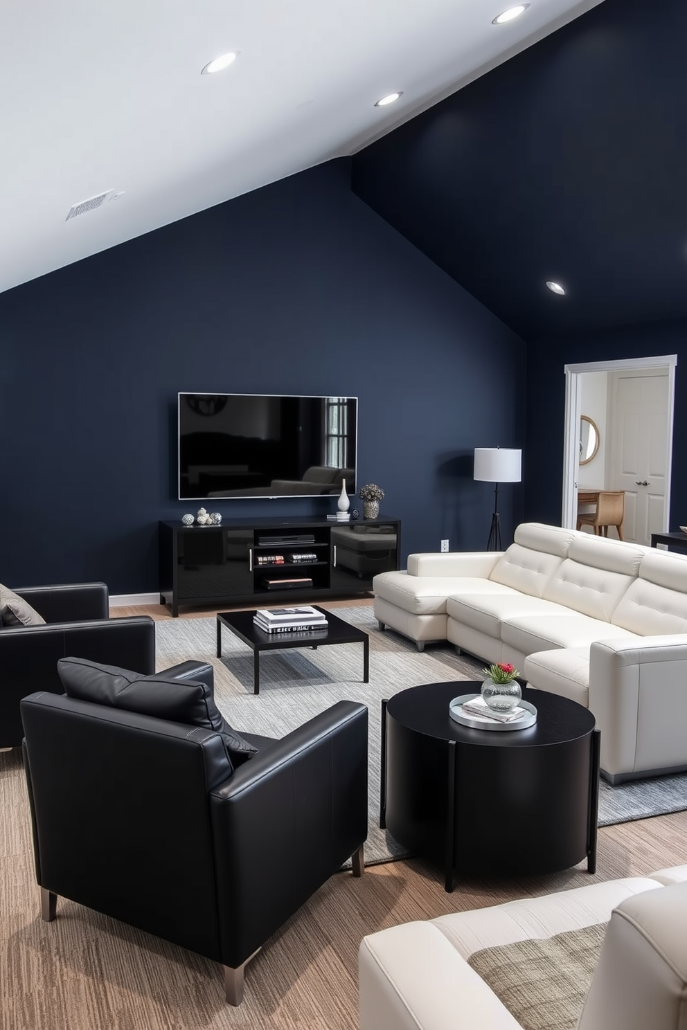 A sleek white leather sectional sofa is the centerpiece of the man cave, surrounded by minimalist black accent chairs. The walls are painted in a deep navy blue, creating a striking contrast that enhances the modern aesthetic. A large flat-screen television is mounted above a low-profile black media console, which is adorned with stylish decor and books. Soft ambient lighting from recessed fixtures highlights the sleek furniture and adds a cozy atmosphere to the space.