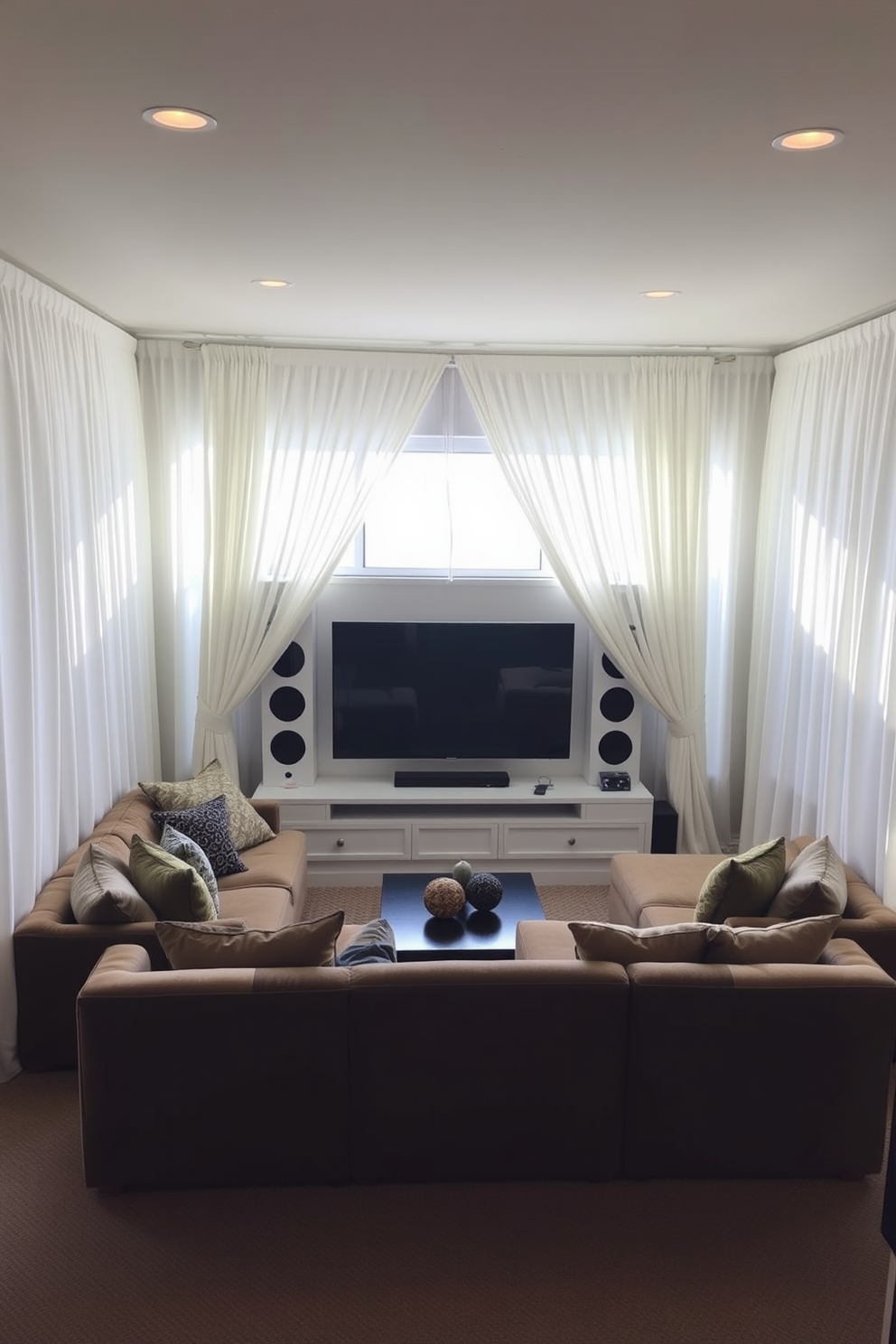 A cozy man cave featuring soft white curtains that allow natural light to filter in gently. The space is adorned with plush seating and a large entertainment center, creating an inviting atmosphere for relaxation and entertainment.