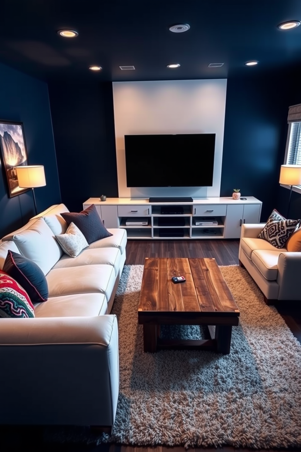 A spacious man cave featuring a white sectional sofa adorned with colorful pillows. The walls are painted in a deep navy blue, and a large flat-screen TV is mounted above a sleek entertainment unit. A rustic coffee table made from reclaimed wood sits in front of the sofa, surrounded by a plush area rug. Ambient lighting is provided by stylish floor lamps, creating a cozy atmosphere for relaxation and entertainment.